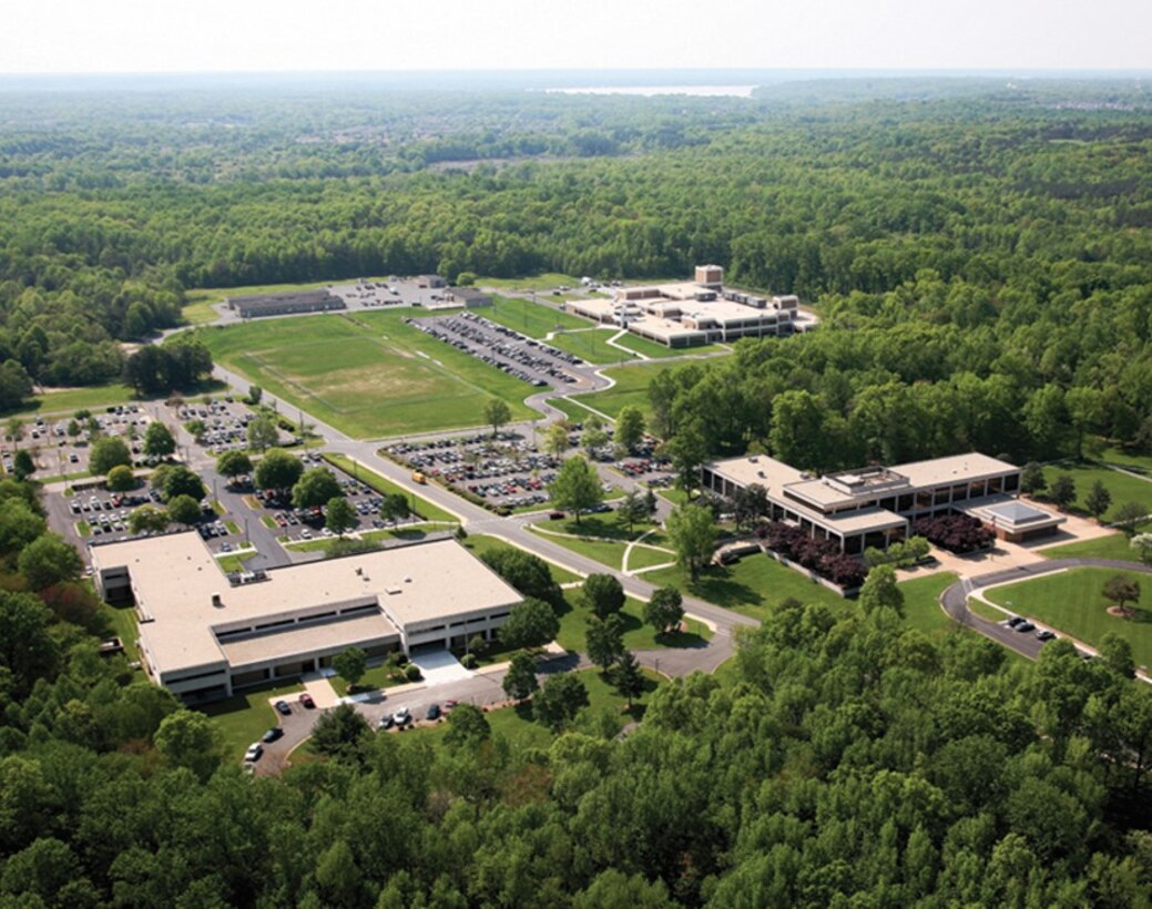 An aerial view of two buildings