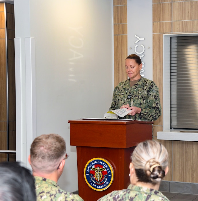 251022-N-FB730-1004 CAMP LEJEUNE. (October 22, 2025) Captain Anja Dabelić, NMCCL commander and director, gives her remarks during the ribbon-cutting ceremony for the new Camp Johnson Branch Medical Clinic on October 22, 2025. Camp Johnson Branch Medical Clinic is an active-duty clinic that provides care for all military members aboard Camp Johnson base including permanent personnel and students. (U.S. Navy photo by Mass Communications Specialist second class Justin Woods)