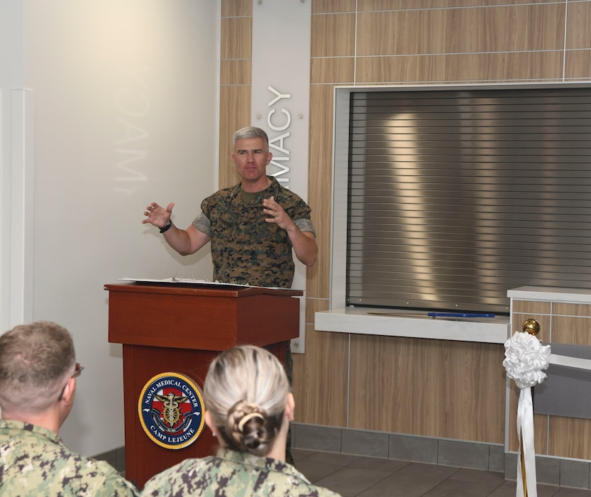 251022-N-FB730-1005 CAMP LEJEUNE. (October 22, 2025) Colonel Scott Benninghoff, Marine Corps Combat Service Support Schools commanding officer, gives his remarks during the ribbon cutting ceremony for the new branch medical clinic aboard Camp Johnson, on October 22, 2025. Camp Johnson Branch Medical Clinic is an active-duty clinic that provides care for all military members aboard Camp Johnson base including permanent personnel and students. U.S. Navy photo by Mass Communications Specialist second class Justin Woods)