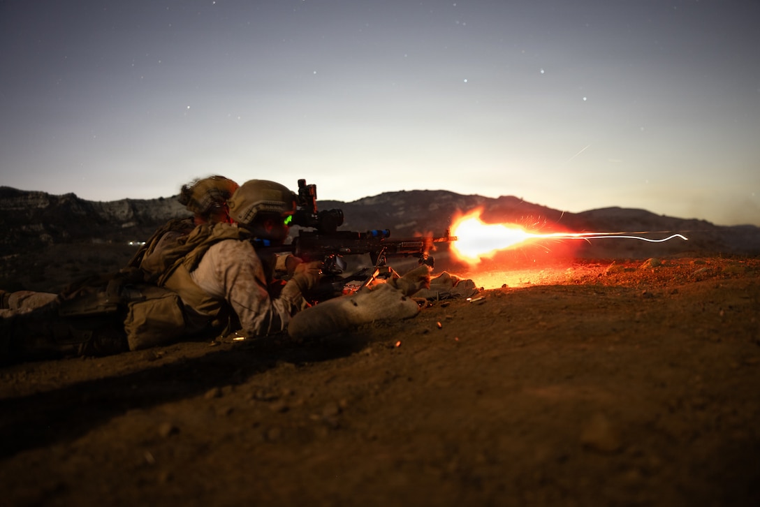 A U.S. Marine with Kilo Company, Battalion Landing Team 3/5, 11th Marine Expeditionary Unit, fires an M240B machine gun during a live-fire battle drill as part of MEU Exercise 26.1 on Marine Corps Base Camp Pendleton, California, Oct. 30, 2025. During MEUEX, BLT 3/5 conducted company-level training, live-fire ranges and battle drills, employing various weapon systems to maintain mission readiness. (U.S. Marine Corps photo by Sgt. Trent A. Henry)