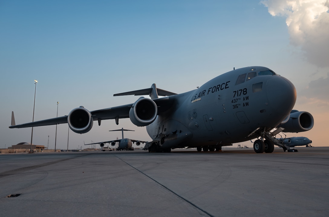 A U.S. Air Force C-17 Globemaster III aircraft assigned to the 16th Expeditionary Airlift Squadron sits on the flight line in an undisclosed location before a cargo mission in the U.S. Central Command area of responsibility, Nov. 6, 2025. The inherent flexibility and performance of the C-17 force improves the ability of the total airlift system to fulfill the worldwide air mobility requirements of the United States. (U.S. Air Force photo by Tech. Sgt. Bailee A. Darbasie)