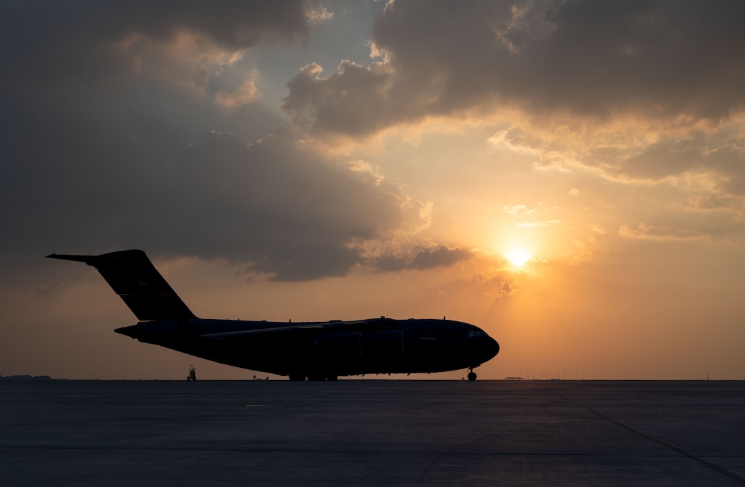 A U.S. Air Force C-17 Globemaster III aircraft assigned to the 16th Expeditionary Airlift Squadron sits on the flight line in an undisclosed location before a cargo mission in the U.S. Central Command area of responsibility, Nov. 6, 2025. The C-17 is capable of rapid strategic delivery of troops and all types of cargo in the CENTCOM AOR to maintain peace and stability across the region. (U.S. Air Force photo by Tech. Sgt. Bailee A. Darbasie)