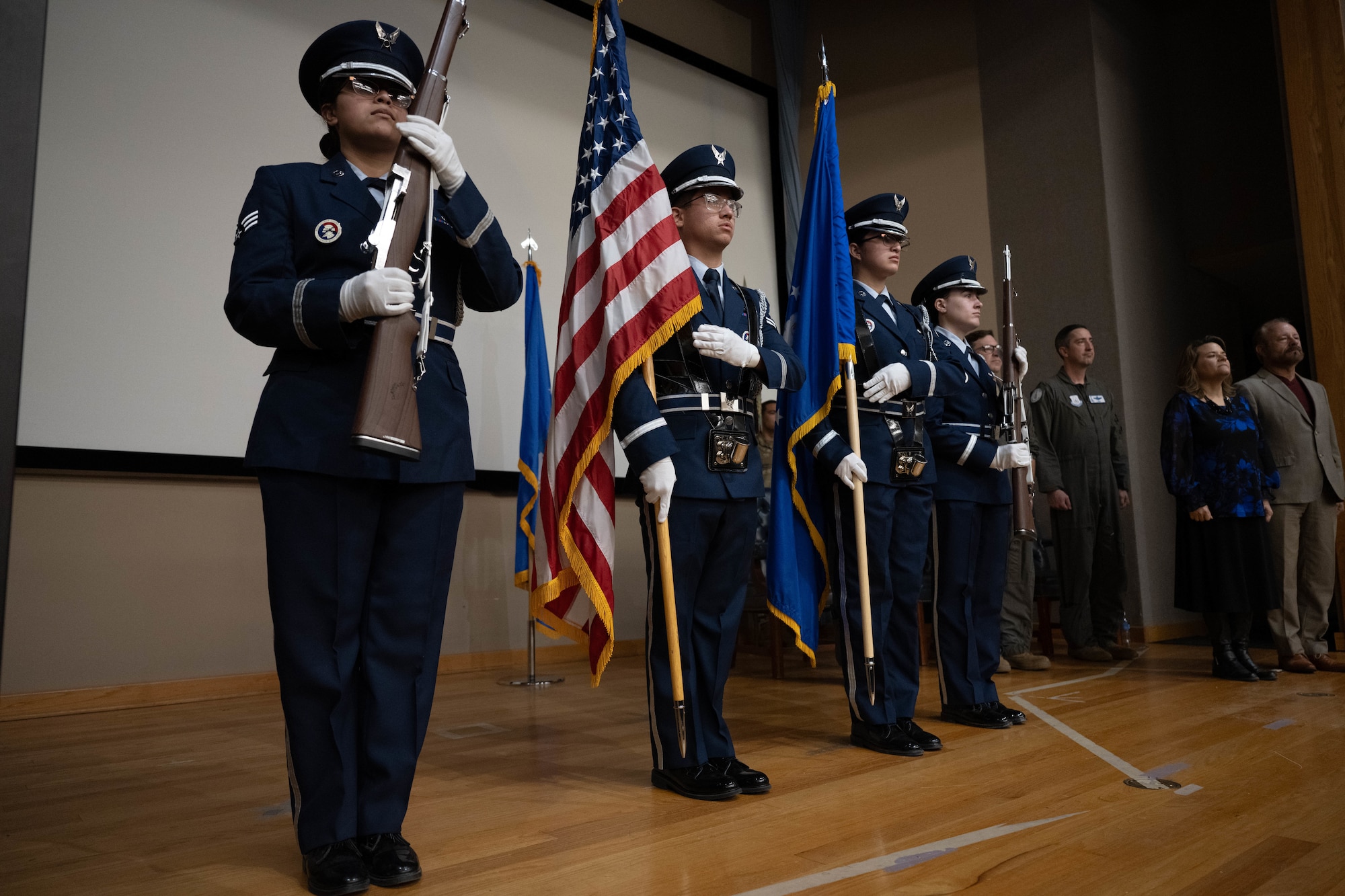 The 47th Flying Training Wing Honor Guard presents the colors during the 96th Flying Training Squadron change of command ceremony at Laughlin Air Force Base, Texas, Nov. 7, 2025. The presentation of colors is a time-honored military tradition to mark the beginning of official ceremonies. (U.S. Air Force Photo by Airman 1st Class Darryl Keith.)