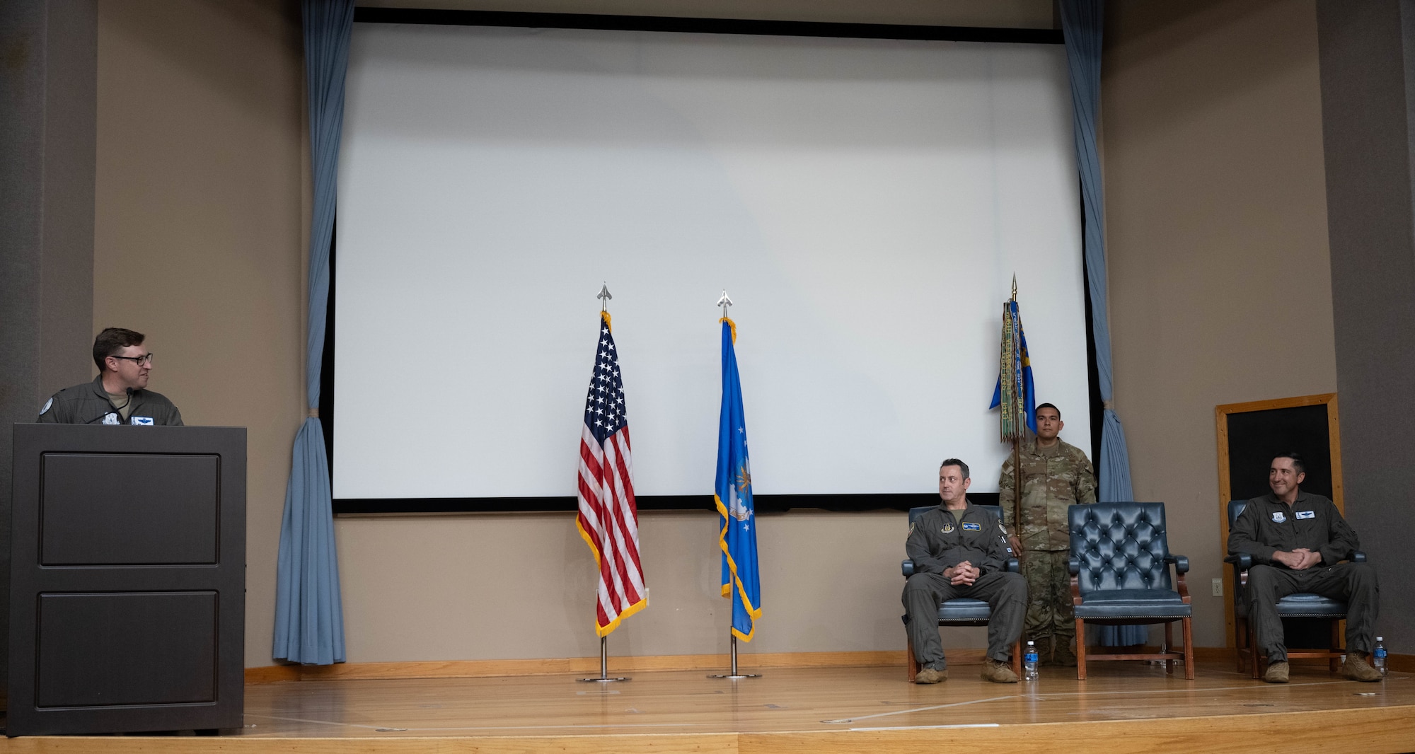 U.S. Air Force Lt. Col. Andrew Calhoun, outgoing commander of the 96th Flying Training Squadron (FTS), delivers remarks during the 96th FTS change of command ceremony at Laughlin Air Force Base, Texas.  Calhoun expressed gratitude towards his fellow airmen for the opportunity to lead and praised their professionalism throughout his tenure. (U.S. Air Force photo by Airman 1st Class Darryl Keith.)