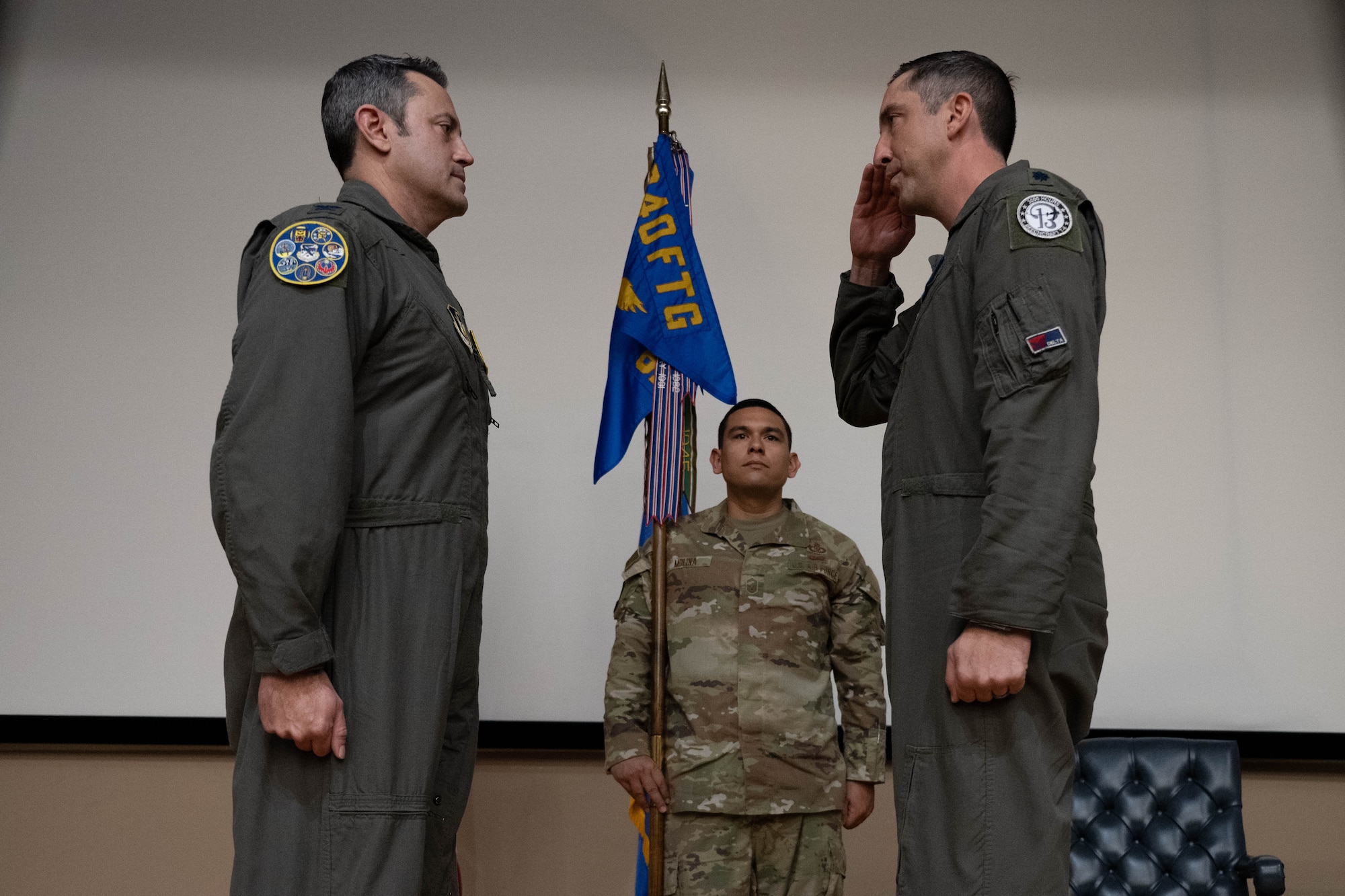 U.S. Air Force Lt. Col. Daniel Yawn, incoming 96th Flying Training Squadron commander, assumes command of the 96th FTS during a change of command ceremony at Laughlin Air Force Base, Texas, Nov. 7, 2025.  The ceremony served as the official transition of command authority within the squadron. (U.S. Air Force photo by Airman 1st Class Darryl Keith.)