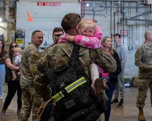 Members of the 171st Air Refueling Wing are welcomed home from deployment by family and friends Oct. 26, 2025.