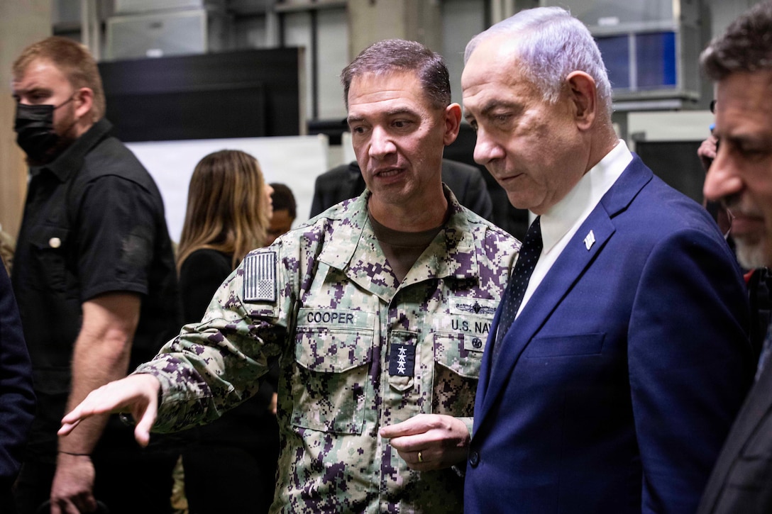 Adm. Brad Cooper, commander of U.S. Central Command, and members of the Israeli Defense Forces host Israeli Prime Minister Benjamin Nentanyahu inside the Civil-Military Coordination Center (CMCC) on Oct. 29, 2025, in Israel. (U.S. Army photo by Staff Sgt. Michael Ito)