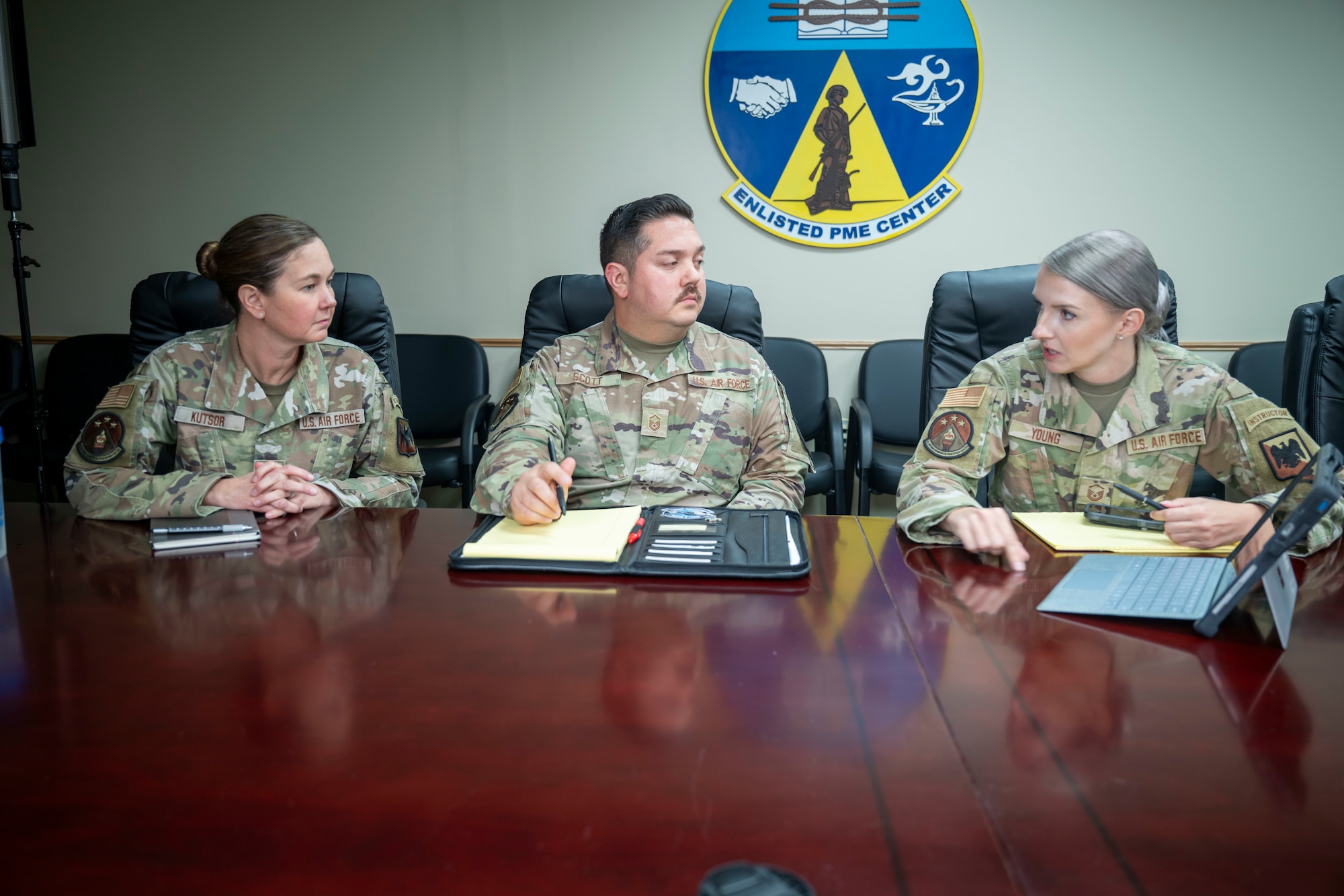 U.S. Air Force Instructors from the Chief Master Sgt. Paul H. Lankford Enlisted Professional Military Education (EPME) Center prepare to host a virtual training session for commandants and cadre from four other NCO academies for the transition to virtual course delivery, October 7, 2025, McGhee Tyson Air National Guard Base, Tennessee. Faced with travel restrictions due to lapse of appropriations, Lankford cadre utilized their virtual campus expertise to assist the EPME enterprise during the government shutdown. (Air National Guard photo by Master Sgt. Regina Young)