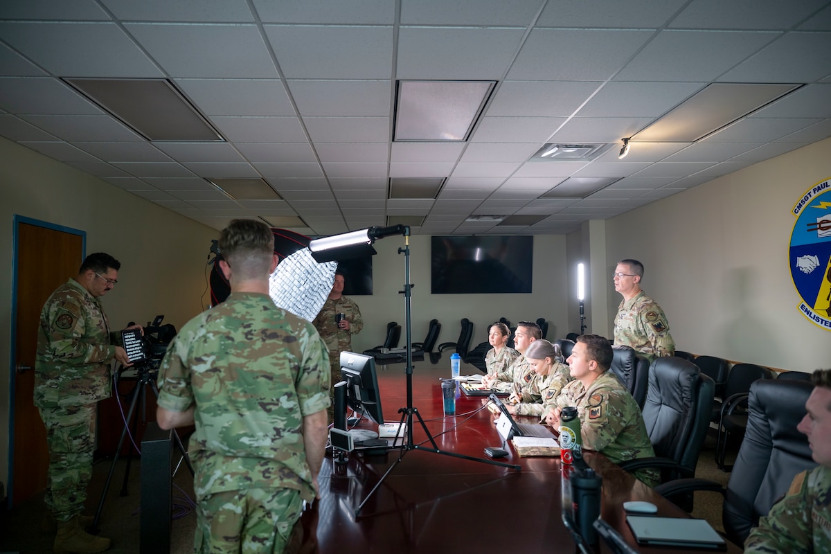 U.S. Air Force Airmen from the I.G. Brown Training and Education Center University, and the Chief Master Sgt. Paul H. Lankford Enlisted Professional Military Education (EPME) Center prepare to host a virtual training session for commandants and cadre from four other NCO academies for the transition to virtual course delivery, October 7, 2025, McGhee Tyson Air National Guard Base, Tennessee. Faced with travel restrictions due to lapse of appropriations, Lankford cadre utilized their virtual campus expertise to assist the EPME enterprise during the government shutdown. (Air National Guard photo by Master Sgt. Regina Young)