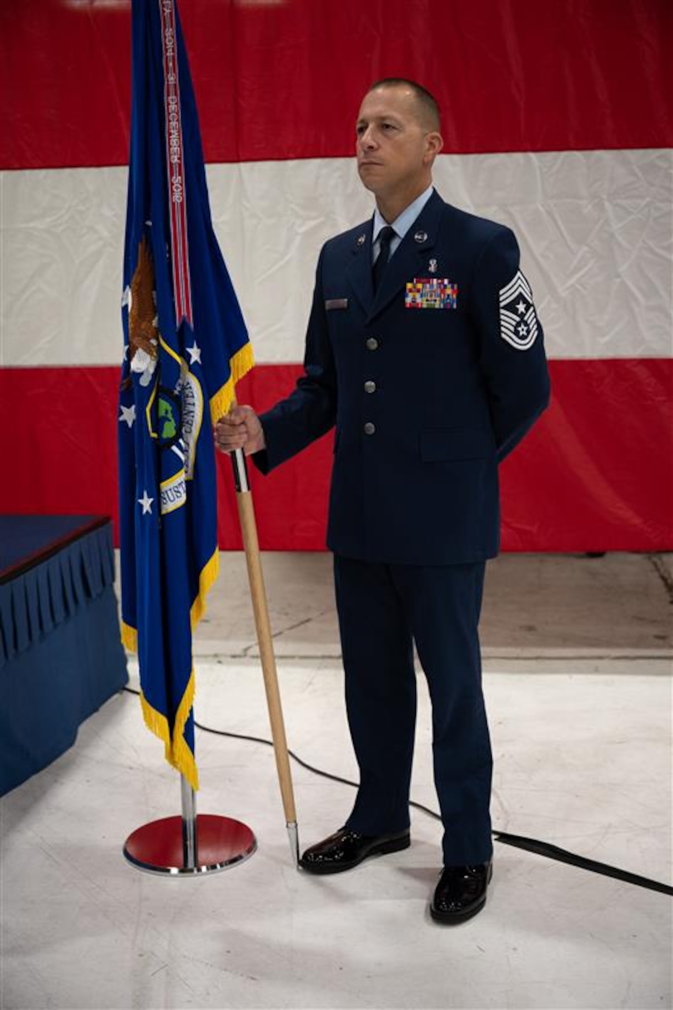 Military members participate in a change of command ceremony.