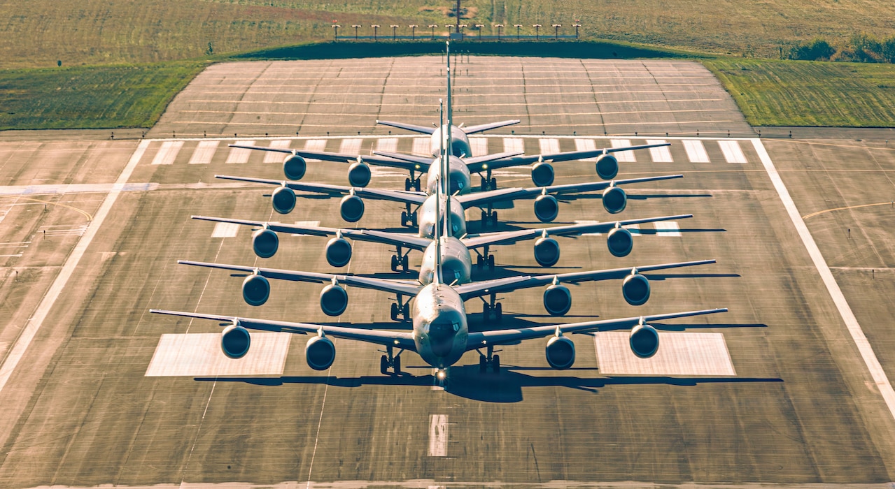 Five KC-135 Stratotankers assigned to the 101st Air Refueling Wing line up before a comprehensive formation training sortie at the Bangor Air National Guard Base, Maine, Oct. 7, 2025.