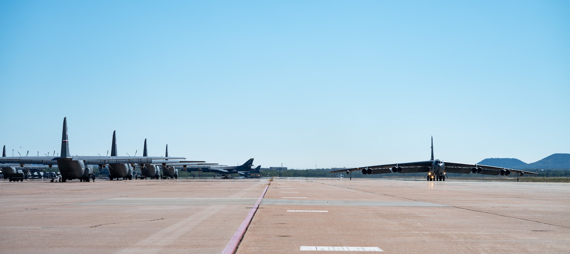 A U.S. Air Force B-52 Stratofortress, stationed at Minot Air Force Base, North Dakota, lands at Dyess AFB, Texas, as part of Exercise Global Thunder 26, Oct. 26, 2025. Global Thunder is an annual command and control exercise designed to train U.S. Strategic Command Forces and assess joint operational readiness. (U.S. Air Force photo by Senior Airman Jade M. Caldwell)