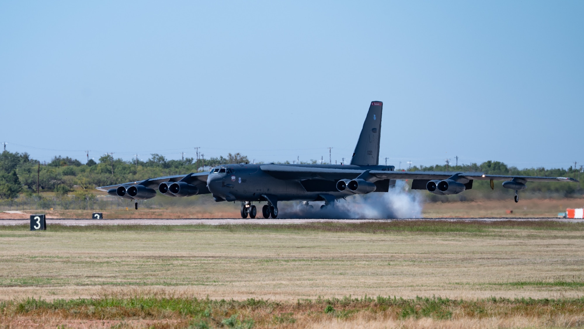 A U.S. Air Force B-52 Stratofortress, stationed at Barksdale Air Force Base, Louisiana, lands at Dyess AFB, Texas, as part of Exercise Global Thunder 26, Oct. 26, 2025. Global Thunder is an annual command and control exercise designed to train U.S. Strategic Command Forces and assess joint operational readiness. (U.S. Air Force photo by Senior Airman Jade M. Caldwell)