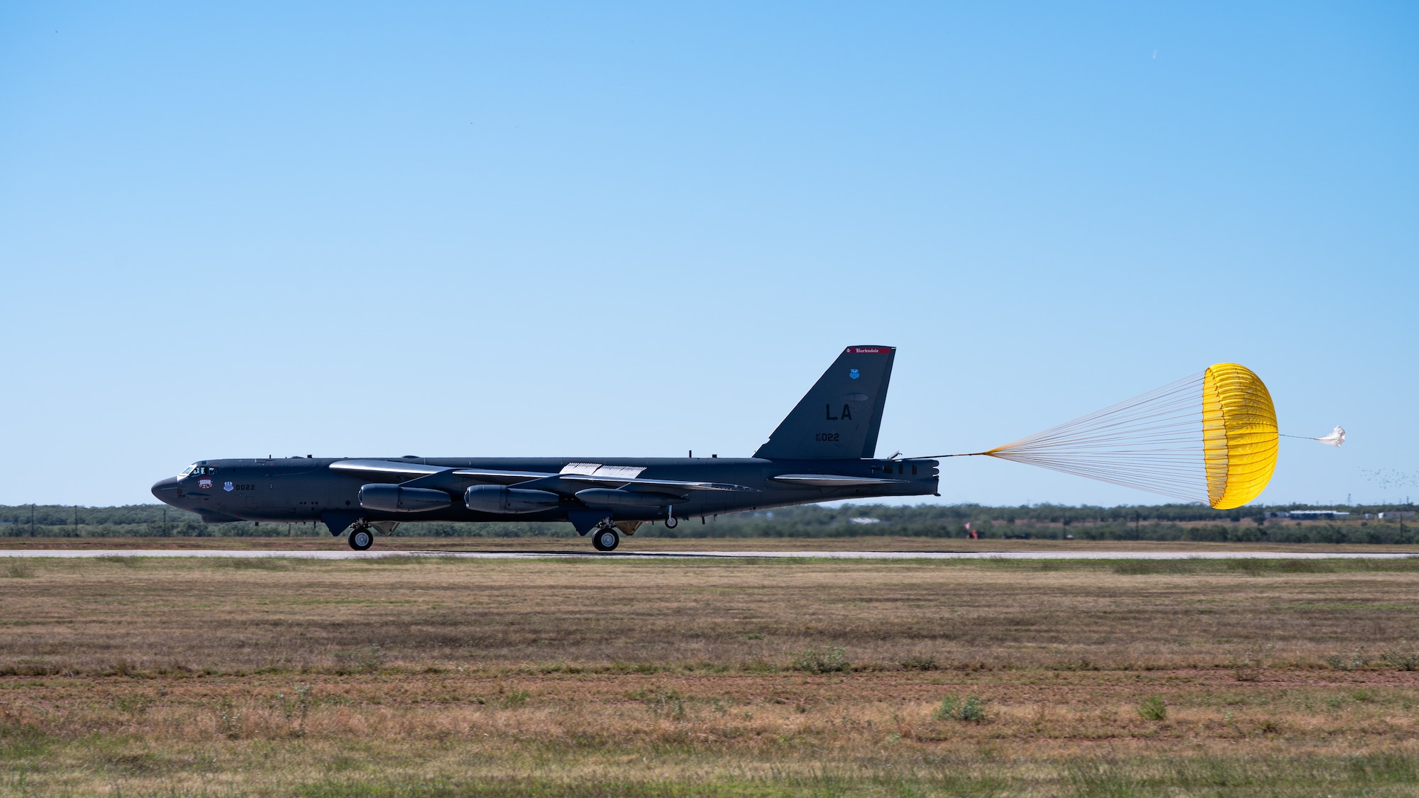 A U.S. Air Force B-52 Stratofortress, stationed at Barksdale Air Force Base, Louisiana, lands at Dyess AFB, Texas, as part of Exercise Global Thunder 26, Oct. 26, 2025. Global Thunder is an annual command and control exercise designed to train U.S. Strategic Command Forces and assess joint operational readiness. (U.S. Air Force photo by Senior Airman Jade M. Caldwell)