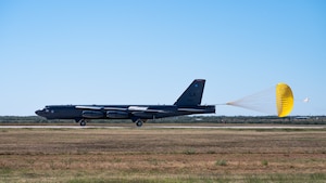 A U.S. Air Force B-52 Stratofortress, stationed at Barksdale Air Force Base, Louisiana, lands at Dyess AFB, Texas, as part of Exercise Global Thunder 26, Oct. 26, 2025. Global Thunder is an annual command and control exercise designed to train U.S. Strategic Command Forces and assess joint operational readiness. (U.S. Air Force photo by Senior Airman Jade M. Caldwell)