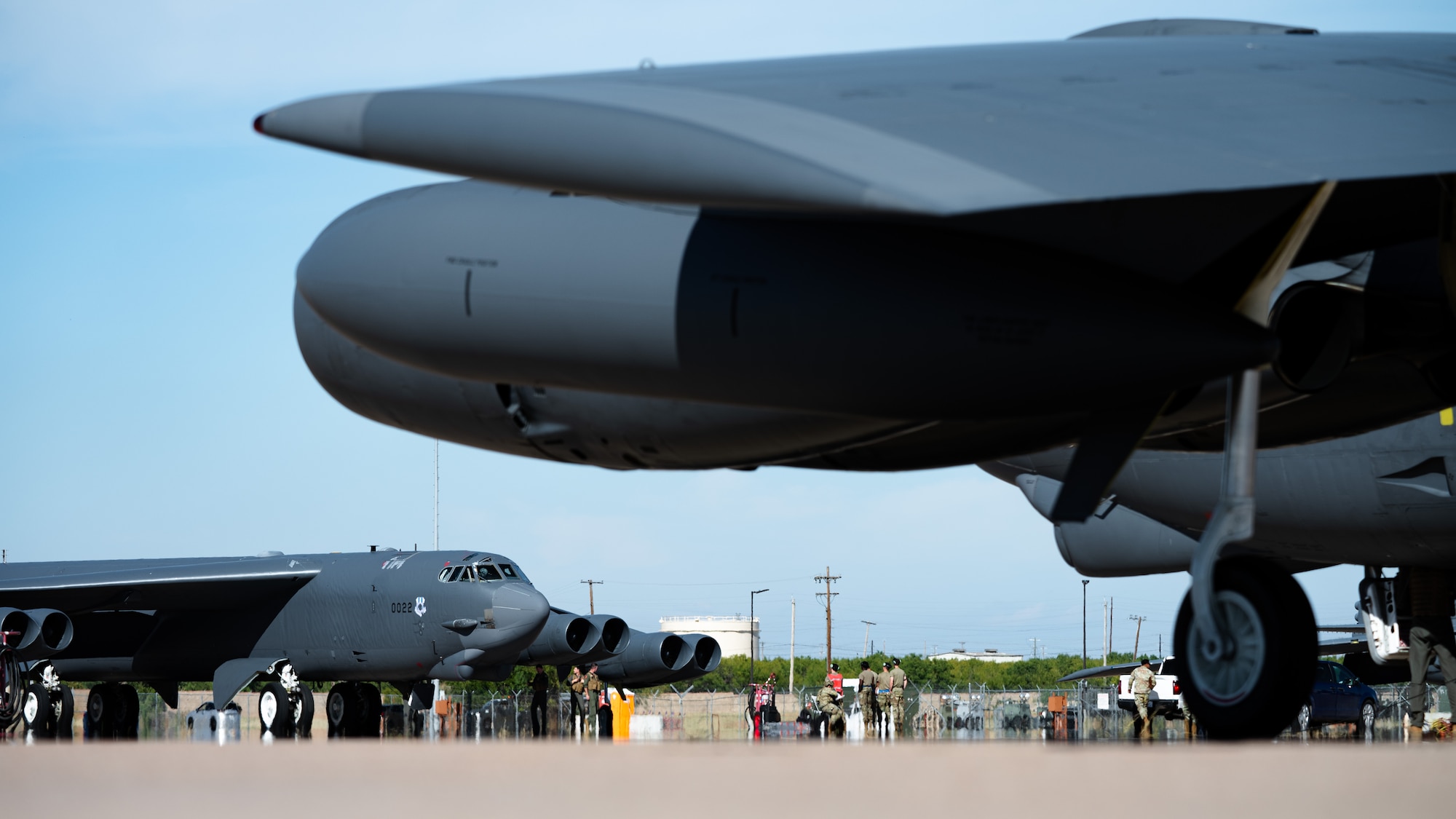 Two U.S. Air Force B-52 Stratofortresses, stationed at Barksdale Air Force Base, Louisiana, arrive at Dyess AFB, Texas, as part of Exercise Global Thunder 26, Oct. 26, 2025. Global Thunder is an annual command and control exercise designed to train U.S. Strategic Command Forces and assess joint operational readiness. (U.S. Air Force photo by Senior Airman Jade M. Caldwell)