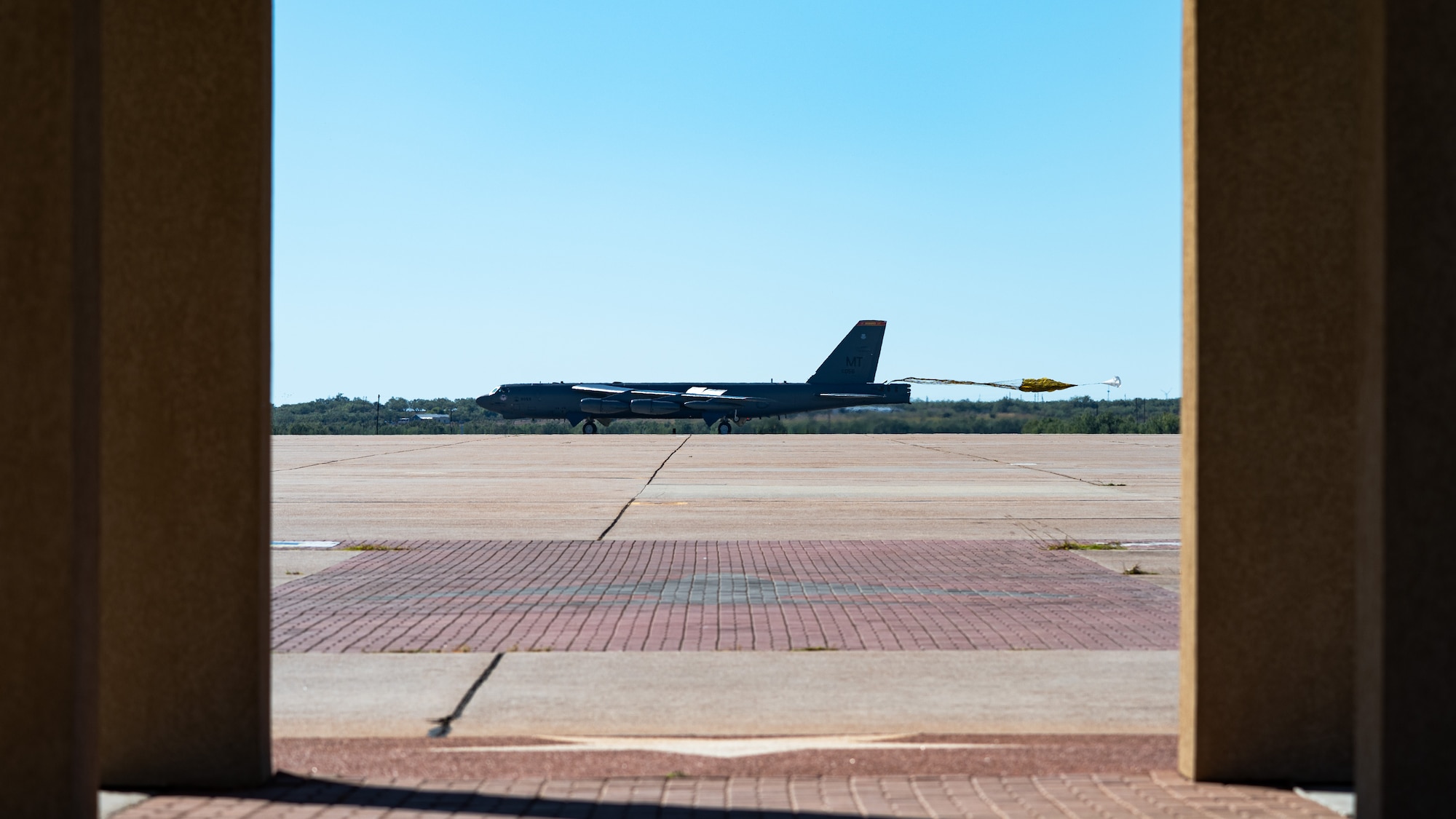 A U.S. Air Force B-52 Stratofortress, stationed at Minot Air Force Base, North Dakota, lands at Dyess AFB, Texas, as part of Exercise Global Thunder 26, Oct. 26, 2025. Global Thunder is an annual command and control exercise designed to train U.S. Strategic Command Forces and assess joint operational readiness. (U.S. Air Force photo by Senior Airman Jade M. Caldwell)