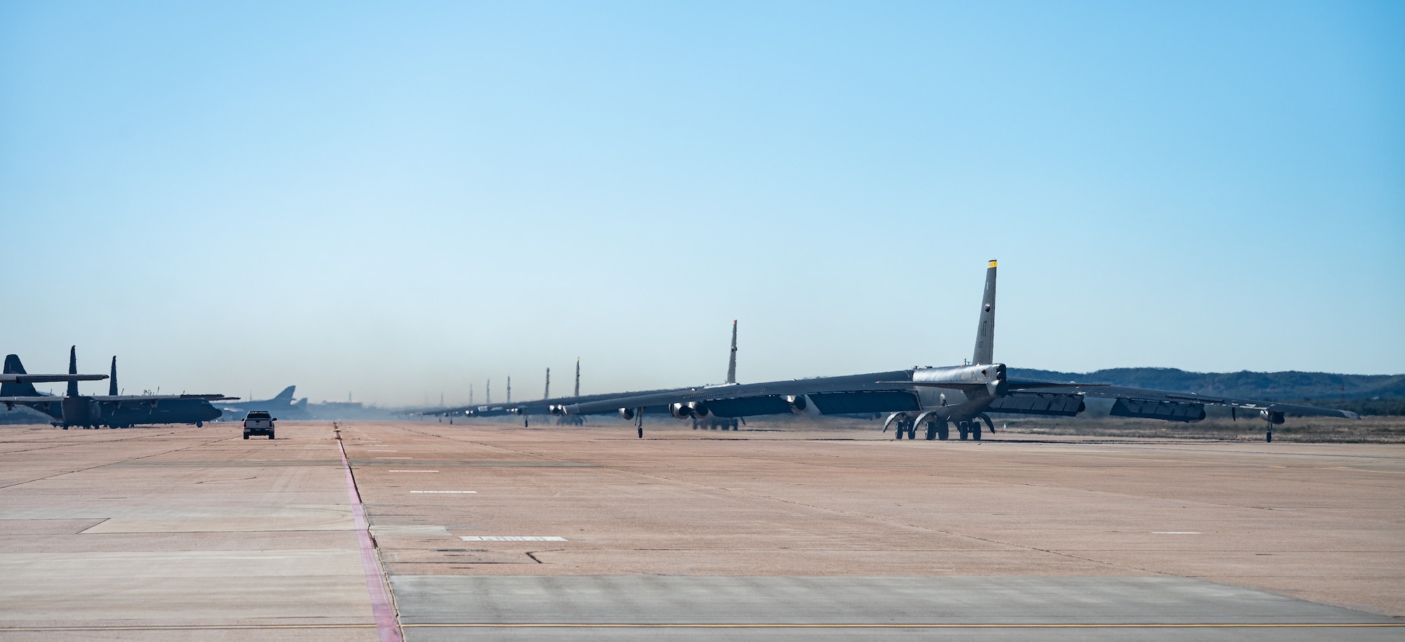 U.S. Air Force B-52 Stratofortresses, stationed at Minot Air Force Base, North Dakota, and Barksdale AFB, Louisiana, taxi prior to departure as part of Exercise Global Thunder 26 at Dyess AFB, Texas, Oct. 29, 2025. Global Thunder is an annual command and control exercise designed to train U.S. Strategic Command Forces and assess joint operational readiness. (U.S. Air Force photo by Senior Airman Jade M. Caldwell)