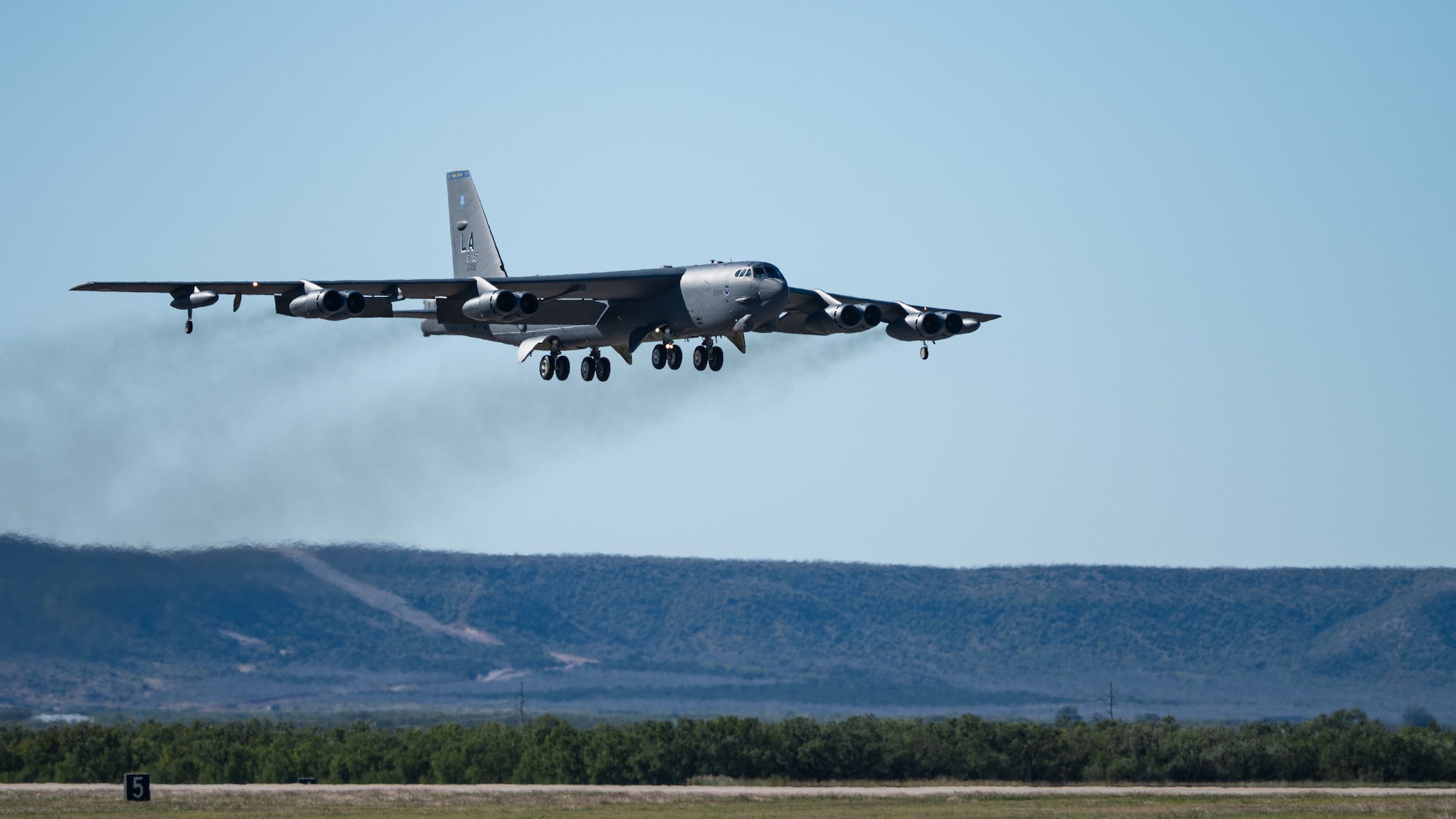 A U.S. Air Force B-52 Stratofortress, stationed at Barksdale Air Force Base, Louisiana, departs the airfield as part of Exercise Global Thunder 26 at Dyess AFB, Texas, Oct. 29, 2025. Global Thunder is an annual command and control exercise designed to train U.S. Strategic Command Forces and assess joint operational readiness. (U.S. Air Force photo by Senior Airman Jade M. Caldwell)