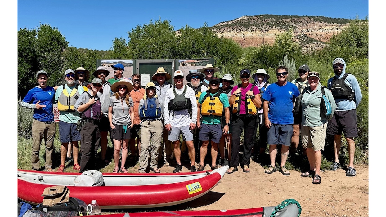 Group photo taken on the Rio Chama below El Vado Dam during an interagency rafting trip in the fall of 2024. Staff from the Albuquerque District joined staff from the Bureau of Reclamation (BOR), Albuquerque Bernalillo County Water Utility Authority (ABCWUA), and Bureau of Land Management (BLM) for the trip. Photo by Prakash Kaini.