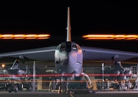 A B-52H Stratofortress assigned to 5th Bomb Wing, Minot Air Force Base, North Dakota, is parked on the flight line during Exercise Global Thunder 26 at Minot Air Force Base, North Dakota, Oct. 23, 2025. Global Thunder is an annual command and control exercise designed to train U.S. Strategic Command forces and assess joint operational readiness.