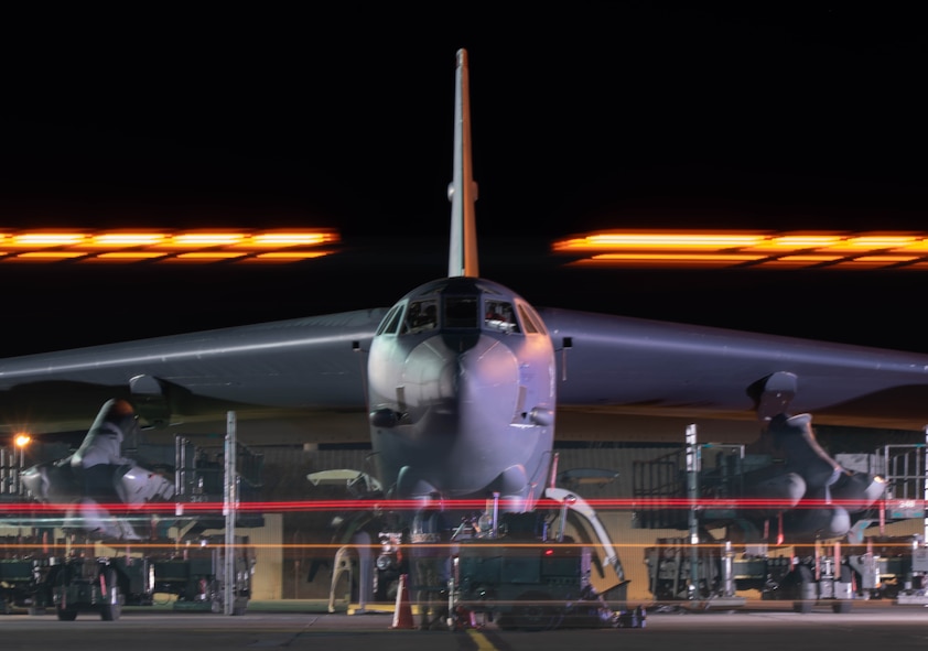 A B-52H Stratofortress assigned to 5th Bomb Wing, Minot Air Force Base, North Dakota, is parked on the flight line during Exercise Global Thunder 26 at Minot Air Force Base, North Dakota, Oct. 23, 2025. Global Thunder is an annual command and control exercise designed to train U.S. Strategic Command forces and assess joint operational readiness.