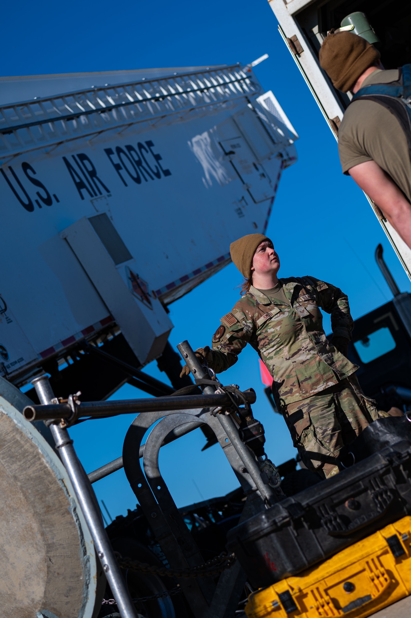 Senior Airman Sierra Smith, 91st Missile Maintenance Squadron topside maintainer, performs maintenance operations during Global Thunder 26 at Minot Air Force Base, North Dakota, Oct. 23, 2025. Global Thunder is an annual command and control exercise designed to train U.S. Strategic Command forces and assess joint operational readiness.