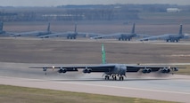 A U.S. Air Force B-52H Stratofortress assigned to 2nd Bomb Wing, Barksdale Air Force Base, Louisiana, takes off as part of Exercise Global Thunder 26 at Minot Air Force Base, North Dakota, Oct. 26, 2025. Global Thunder is an annual command and control exercise designed to train U.S. Strategic Command Forces and assess joint operational readiness.