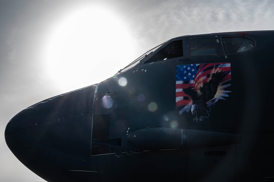 A U.S. Air Force B-52H Stratofortress assigned to the 2nd Bomb Wing, Barksdale Air Force Base, Louisiana, sits on the flightline during Global Thunder 26 at Minot Air Force Base, North Dakota, Oct. 19, 2025. Global Thunder is an annual command and control exercise designed to train U.S. Strategic Command forces and assess joint operational readiness. (U.S. Air Force photo by Senior Airman Kyle Wilson)