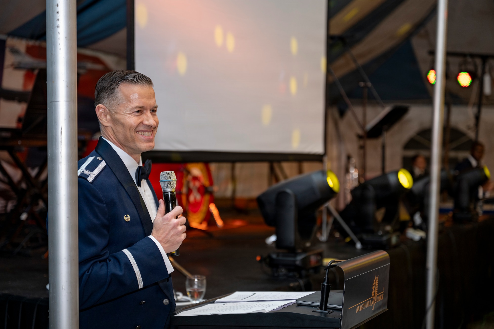 U.S. Air Force Col. Ryan Ley, 51st Fighter Wing commander, provides remarks during the 2025 Air Force Ball in Seoul, Republic of Korea, Oct. 10, 2025.