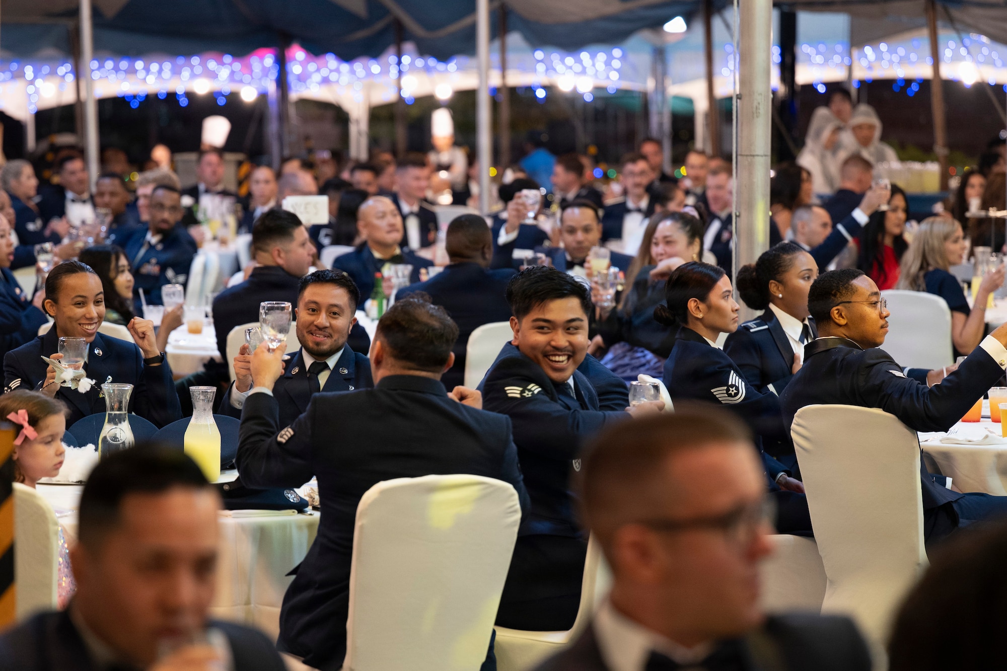 Attendees raise a toast during a speech given by U.S. Air Force Col. Ryan Ley, 51st Fighter Wing commander, at the 2025 Air Force Ball in Seoul, Republic of Korea, Oct. 10, 2025.