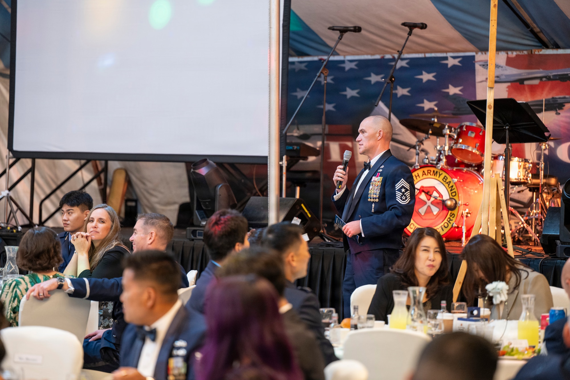 U.S. Air Force Chief Master Sgt. Carl Vogel, 51st Fighter Wing command chief, provides remarks during the 2025 Air Force Ball in Seoul, Republic of Korea, Oct. 10, 2025.