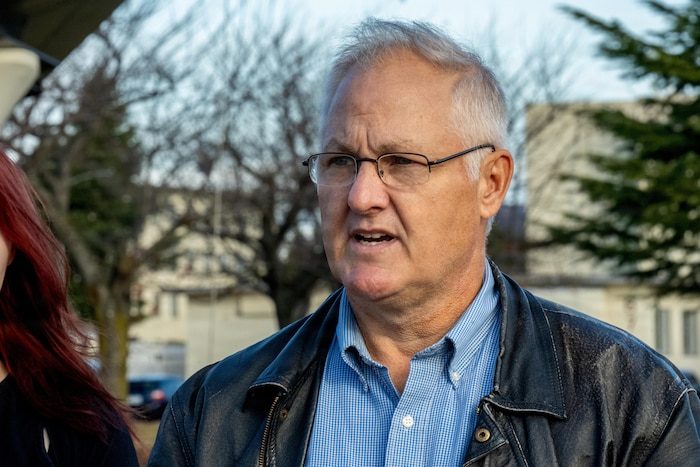 Retired U.S. Air Force Lt. Col. William “Mother” Forkner, Air Education and Training Command chief of combat air forces training branch, speaks during a Veterans Day remembrance ceremony.