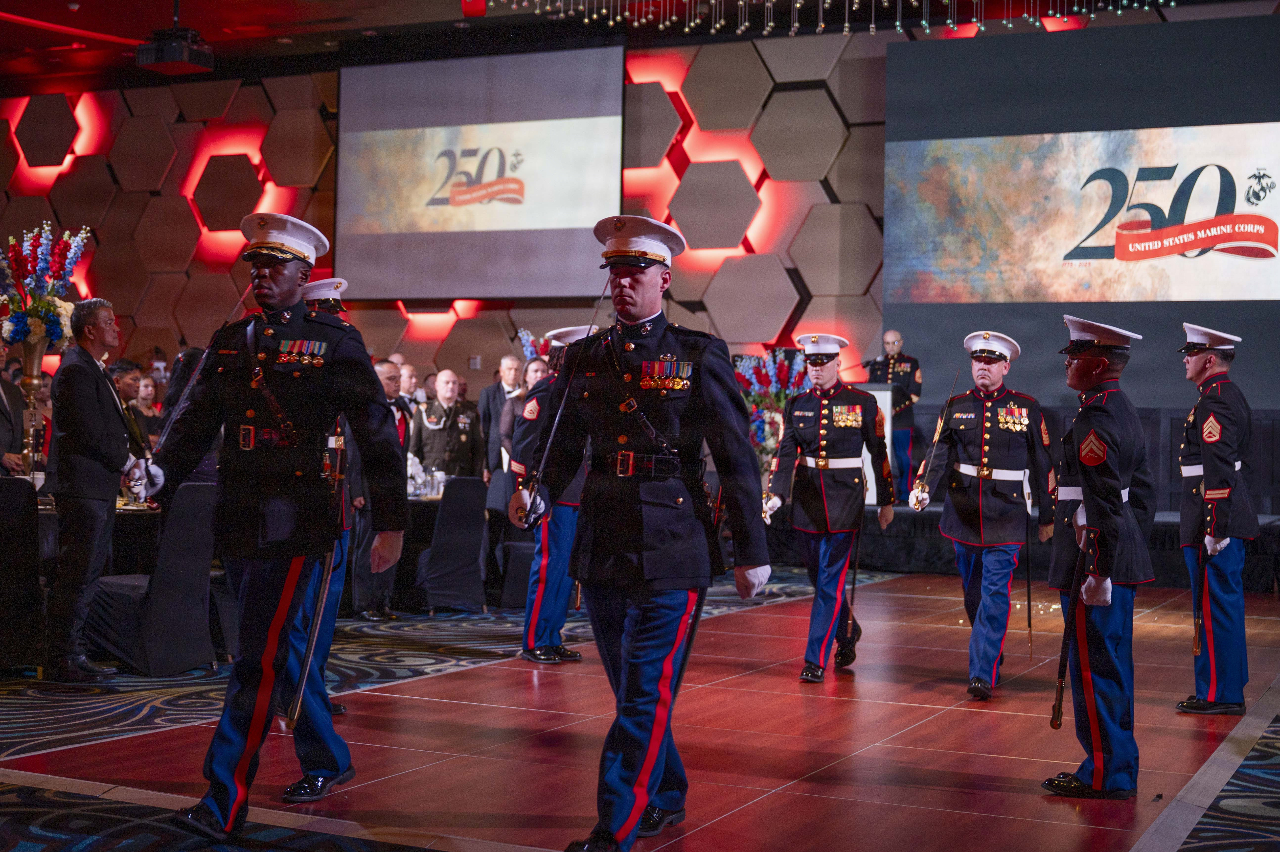 U.S. Marines with Marine Corps Base Camp Blaz, participate in a sword detail during the 250th Marine Corps Birthday Ball, Tumon, Guam, Nov. 7, 2025. The Marine Corps birthday ceremony honors the history, legacy and traditions passed down from generation to generation since the founding of the Corps on Nov. 10, 1775. (U.S. Air Force courtesy photo by Senior Airman Jordan McCoy)
