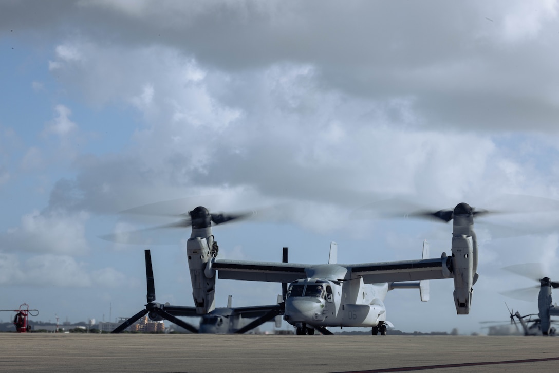 A U.S. Marine Corps MV-22B Osprey assigned to Marine Medium Tiltrotor Squadron (VMM) 265 (Rein.), 31st Marine Expeditionary Unit, prepares to take off during flight operations at Marine Corps Air Station Futenma, Okinawa, Japan, Sept. 26, 2025. The Marines conducted flight operations demonstrating multi-domain transport capabilities to support combined-joint all domain operations. The 31st MEU, the Marine Corps’ only continuously forward-deployed MEU, provides a flexible and lethal force, ready to perform a wide range of military operations as the premiere crisis response force in the Indo-Pacific region. (U.S. Marine Corps photo by Sgt. Angel Diaz Montes De Oca)