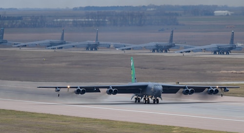 A U.S. Air Force B-52H Stratofortress assigned to 2nd Bomb Wing, Barksdale Air Force Base, Louisiana, takes off as part of Exercise Global Thunder 26 at Minot Air Force Base, North Dakota, Oct. 26, 2025. Global Thunder is an annual command and control exercise designed to train U.S. Strategic Command Forces and assess joint operational readiness.