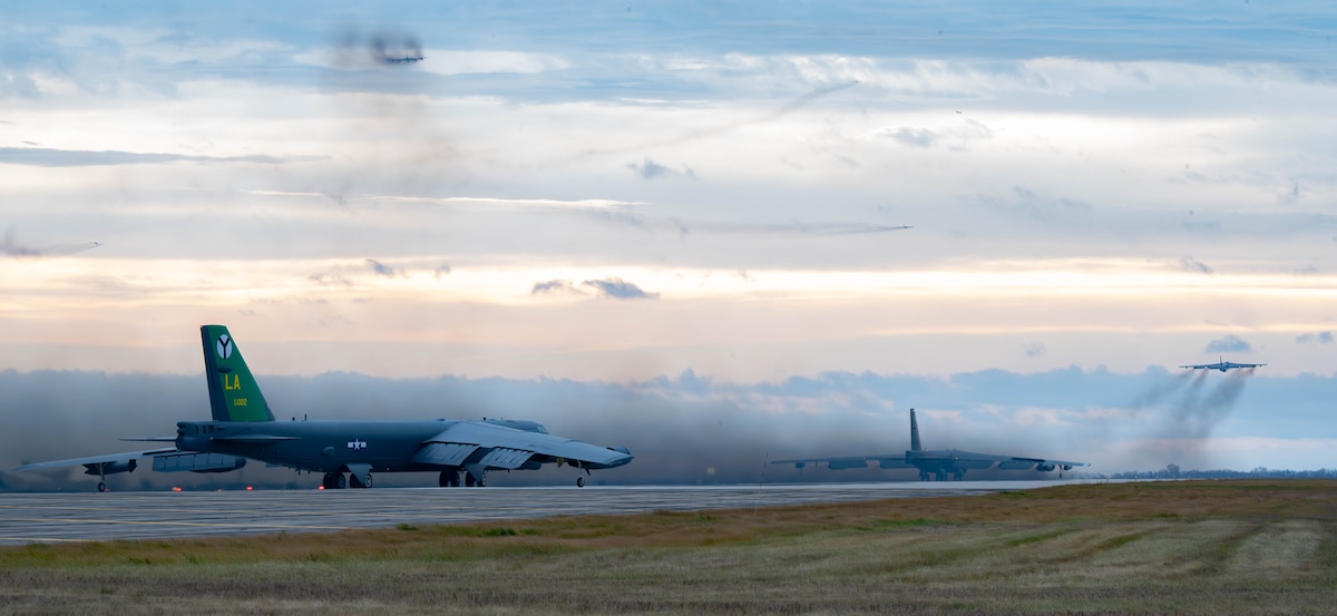 U.S. Air Force B-52H Stratofortresses assigned to the 2nd Bomb Wing, Barksdale Air Force Base, Louisiana, and the 5th Bomb Wing, Minot Air Force Base, North Dakota, take off as part of Exercise Global Thunder 26 at Minot AFB, North Dakota, Oct. 26, 2025. Global Thunder is an annual command and control exercise designed to train U.S. Strategic Command forces and assess joint operational readiness.