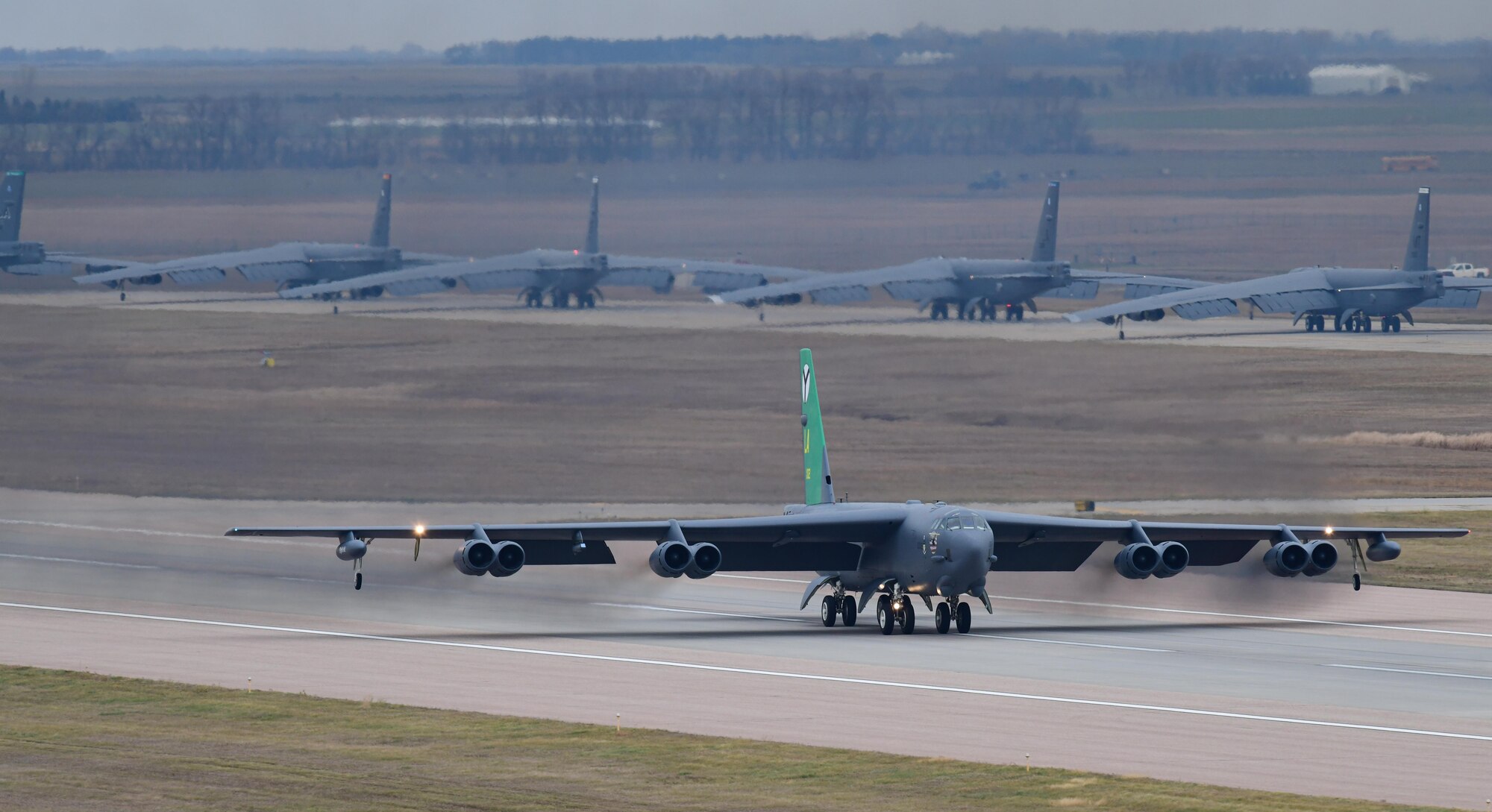 A U.S. Air Force B-52H Stratofortress assigned to 2nd Bomb Wing, Barksdale Air Force Base, Louisiana, takes off as part of Exercise Global Thunder 26 at Minot Air Force Base, North Dakota, Oct. 26, 2025. Global Thunder is an annual command and control exercise designed to train U.S. Strategic Command Forces and assess joint operational readiness.