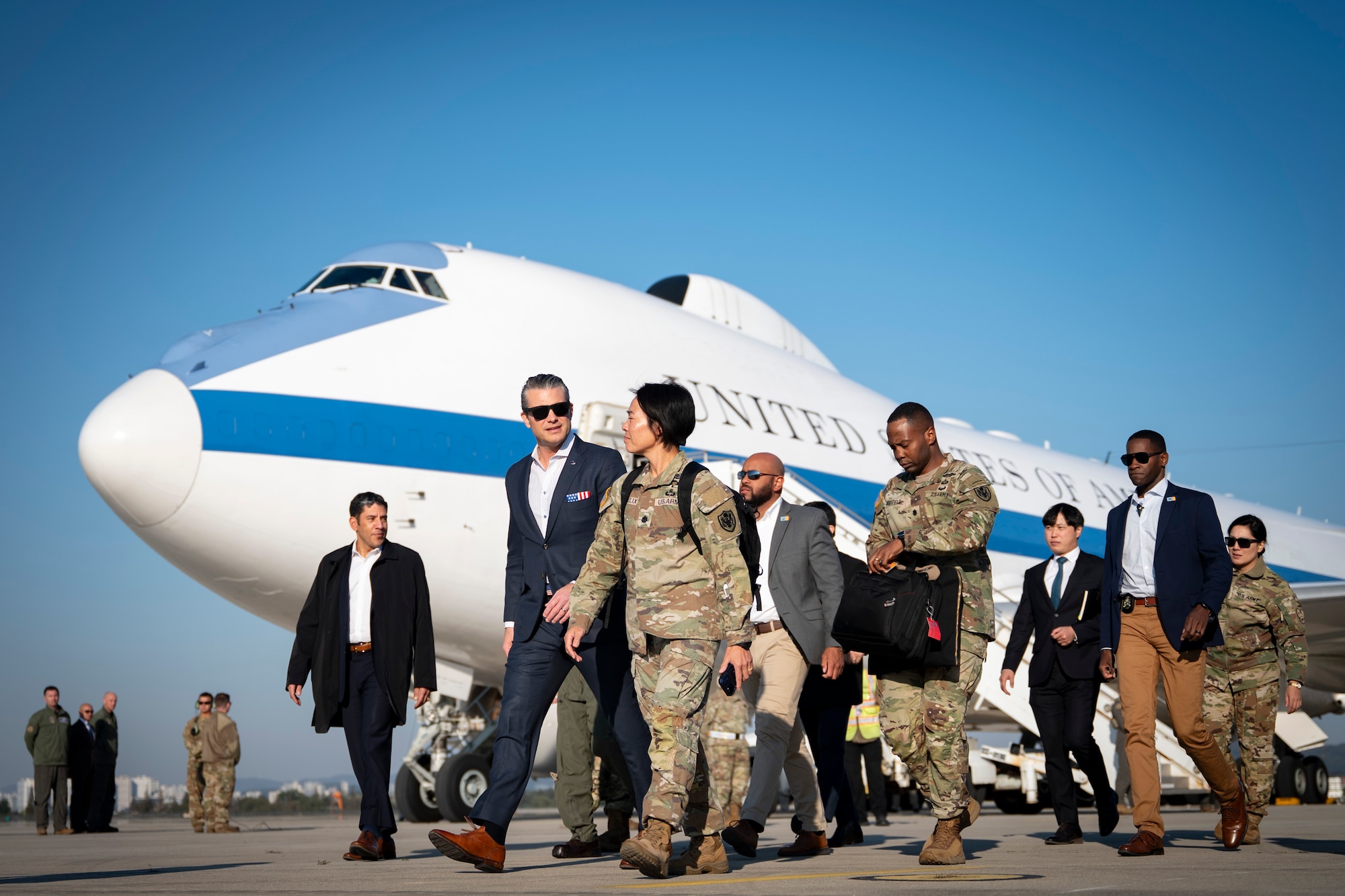 Secretary of War Pete Hegseth arrives at Osan Air Base, Republic of Korea, Nov. 3, 2025.