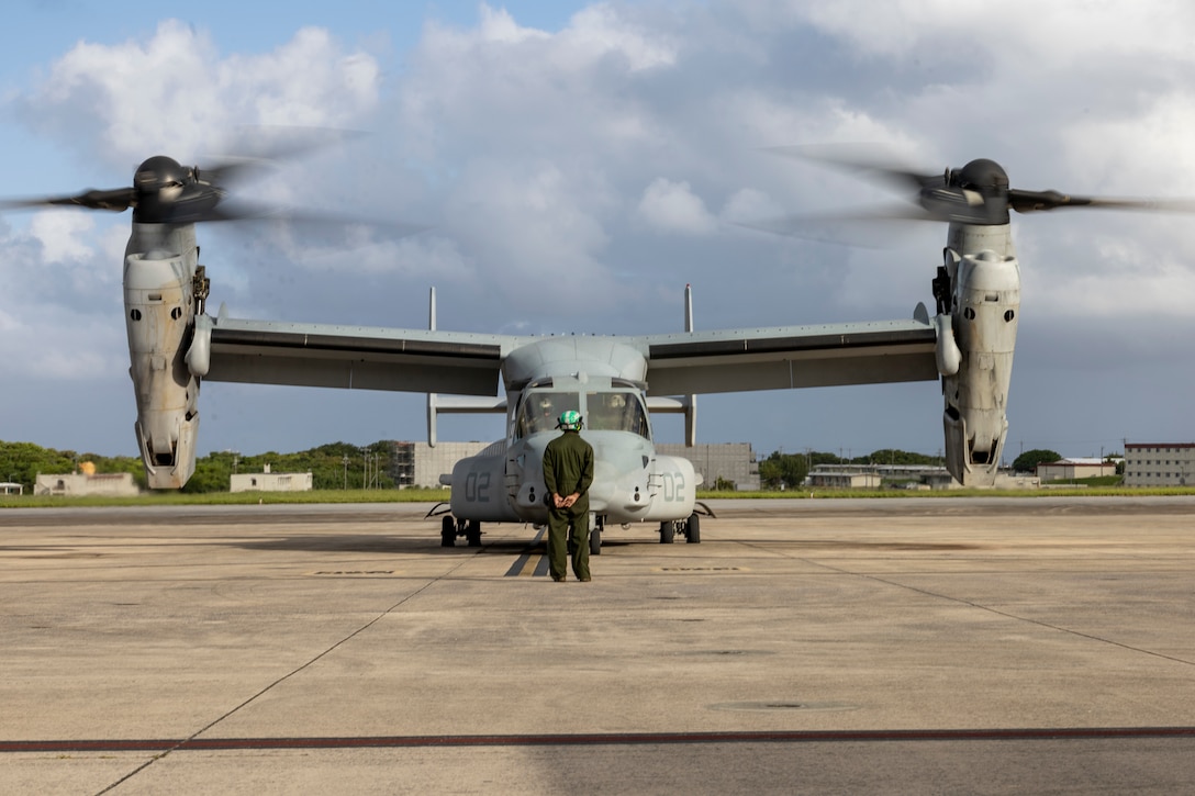 A U.S. Marine Corps MV-22B Osprey assigned to Marine Medium Tiltrotor Squadron (VMM) 265 (Rein.), 31st Marine Expeditionary Unit, prepares to take off at Marine Corps Air Station Futenma, Okinawa, Japan, during flight operations Sept. 26, 2025. The Marines conducted flight operations demonstrating multi-domain transport capabilities of the 31st MEU. The 31st MEU, the Marine Corps’ only continuously forward-deployed MEU, provides a flexible and lethal force, ready to perform a wide range of military operations as the premiere crisis response force in the Indo-Pacific region. (U.S. Marine Corps photo by Lance Cpl. Skilah Sanchez)