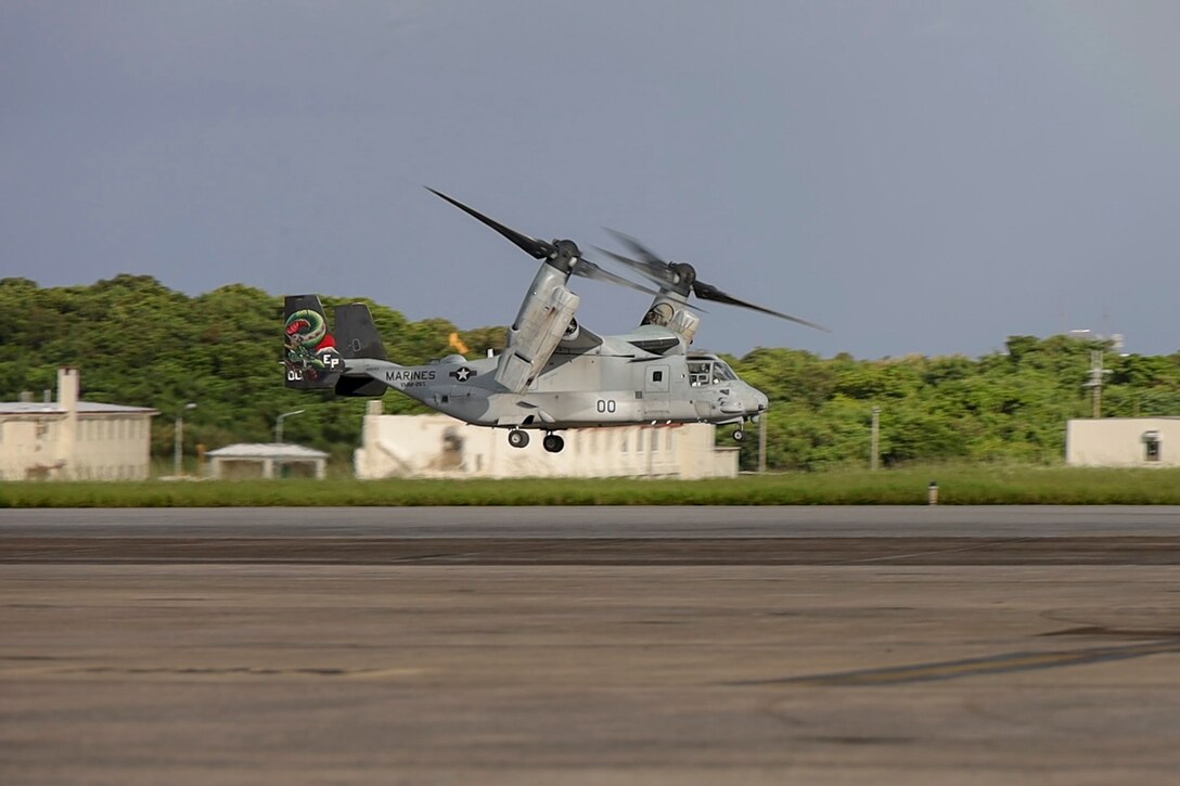 A U.S. Marine Corps MV-22B Osprey assigned to Marine Medium Tiltrotor Squadron (VMM) 265 (Rein.), 31st Marine Expeditionary Unit, departs from Marine Corps Air Station Futenma, Okinawa, Japan, during flight operations Sept. 26, 2025. The Marines conducted flight operations demonstrating multi-domain transport capabilities of the 31st MEU. The 31st MEU, the Marine Corps’ only continuously forward-deployed MEU, provides a flexible and lethal force, ready to perform a wide range of military operations as the premiere crisis response force in the Indo-Pacific region. (U.S. Marine Corps photo by Lance Cpl. Skilah Sanchez)
