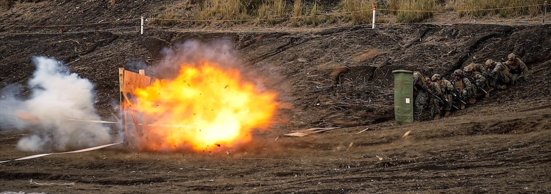 U.S. Marines with Battalion Landing Team 1st Battalion, 7th Marine Regiment, 31st Marine Expeditionary Unit, detonate a detonating cord charge during live-fire training at Combined Arms Training Center, Camp Fuji, Japan, Sept. 29, 2025. Marines conducted combined arms live-fire training to maintain operational readiness, tactical proficiency, and enhance lethality while operating within the first island chain. The 31st MEU, the Marine Corps’ only continuously forward-deployed MEU, provides a flexible and lethal force ready to perform a wide range of military operations as the premiere crisis response force in the Indo-Pacific region. (U.S. Marine Corps photo by Lance Cpl. Victor Gurrola)