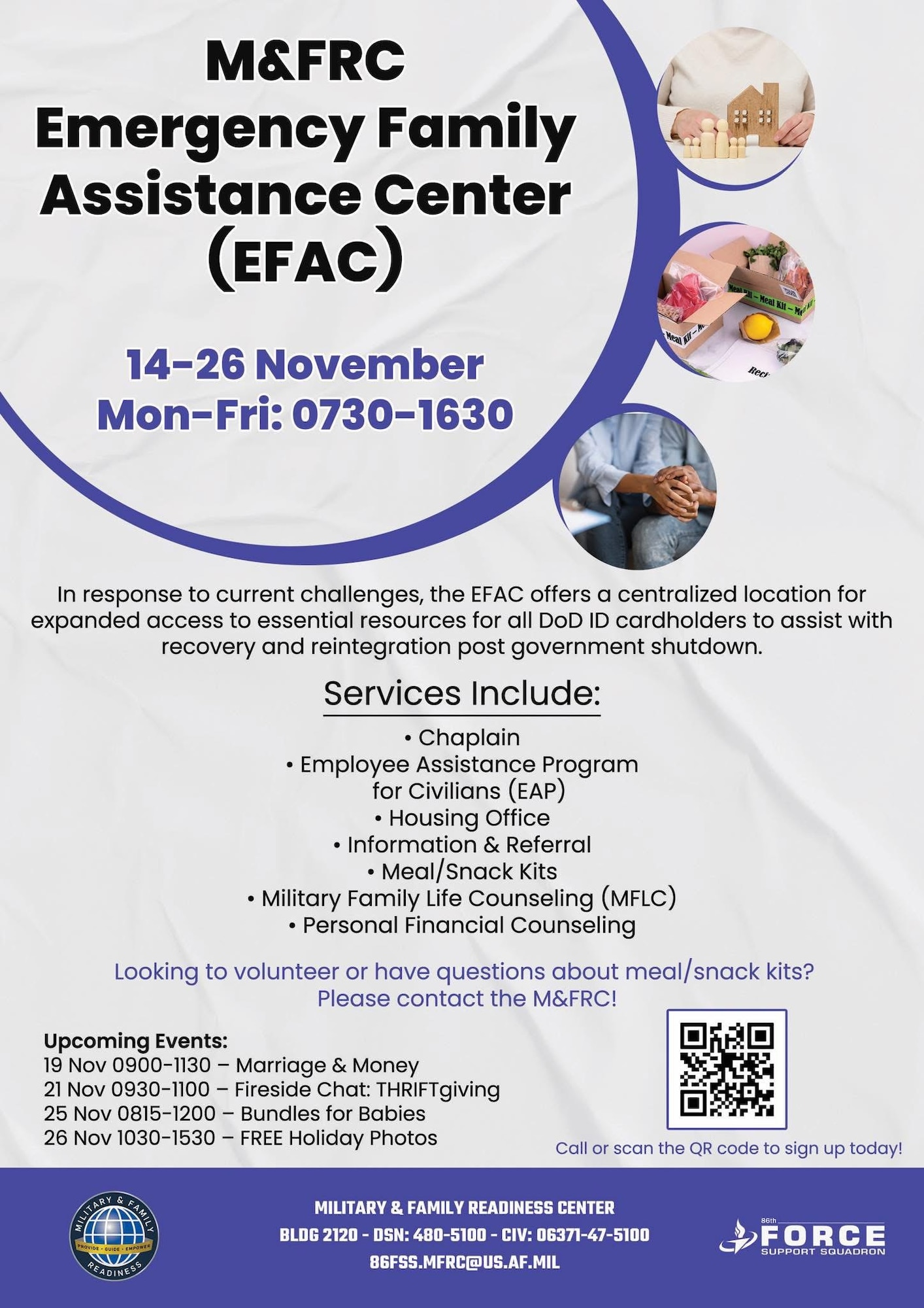 A graphic displays the available services for the recently established limited Emergency Family Assistance Center on Ramstein Air Base, Germany.