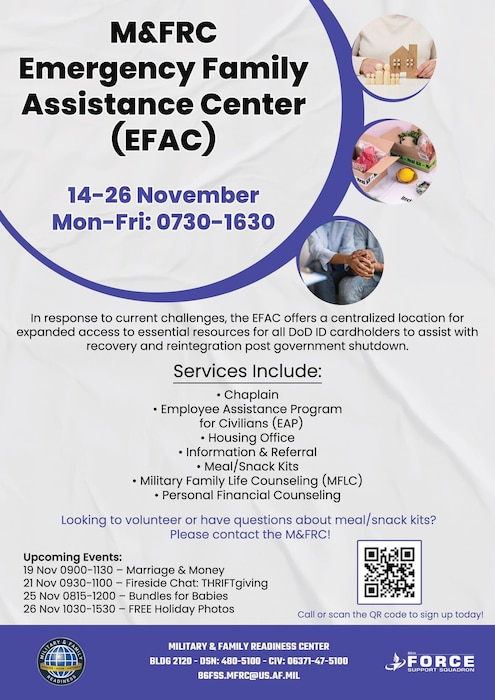 A graphic displays the available services for the recently established limited Emergency Family Assistance Center on Ramstein Air Base, Germany.