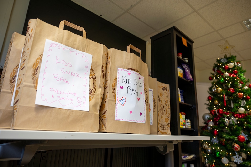 Donation bags sit at the limited Emergency Family Assistance Center on Ramstein Air Base, Germany, Nov. 14, 2025.