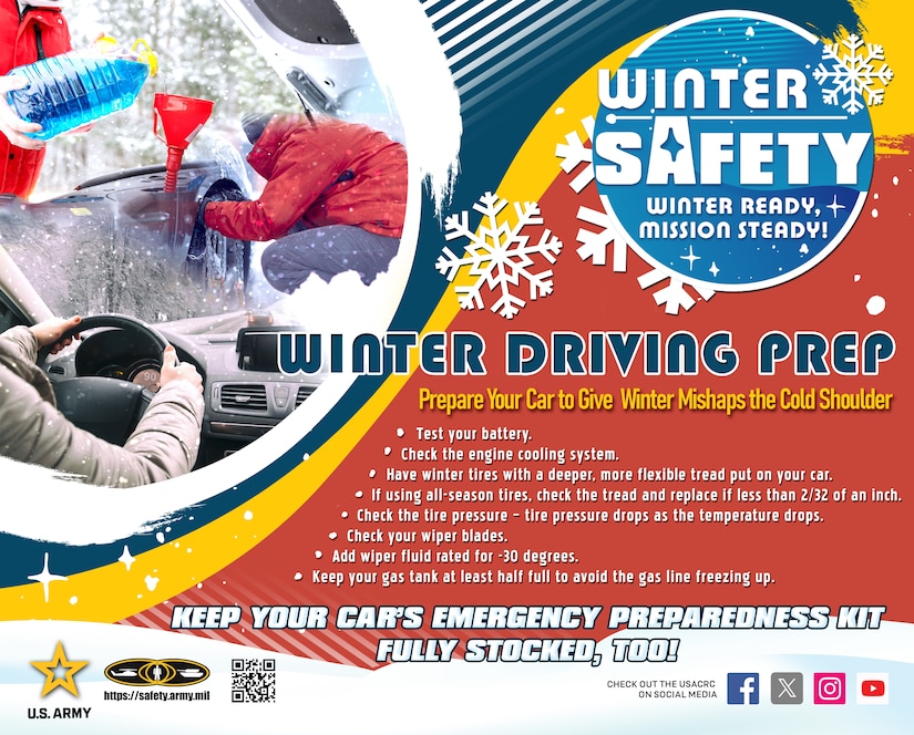 From October through March, the Army places special emphasis on winter and cold-weather safety. During winter, driving becomes more hazardous, and extreme weather can take its toll on equipment, vehicles and drivers. Applying risk management before hitting the road can help prevent safety issues during hazardous, cold conditions. (U.S. Army Combat Readiness Center courtesy graphic)