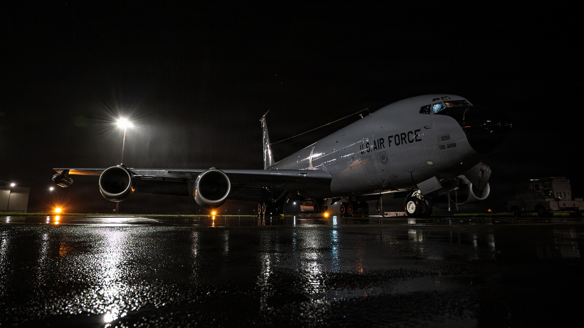 A U.S. Air Force KC-135 Stratotanker from the 100th Air Refueling Wing undergoes preflight diagnostics on the flightline for an aerial refueling mission at RAF Mildenhall, England, Oct. 23, 2025.