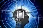 The image shows a silhouette of a human head in profile, with the brain area illustrated using circuit-like patterns. At the center of the brain is a large microchip, symbolizing artificial intelligence or a combination of human cognition and technology. Radiating outward from the chip are multiple circuit lines, connecting the brain to the surrounding background. The background features bright blue concentric circles and electric-like energy streaks, creating a futuristic, high-tech atmosphere.