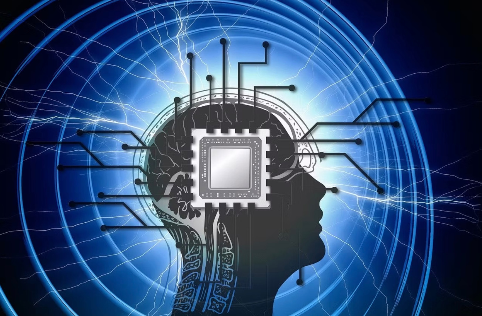 The image shows a silhouette of a human head in profile, with the brain area illustrated using circuit-like patterns. At the center of the brain is a large microchip, symbolizing artificial intelligence or a combination of human cognition and technology. Radiating outward from the chip are multiple circuit lines, connecting the brain to the surrounding background. The background features bright blue concentric circles and electric-like energy streaks, creating a futuristic, high-tech atmosphere.