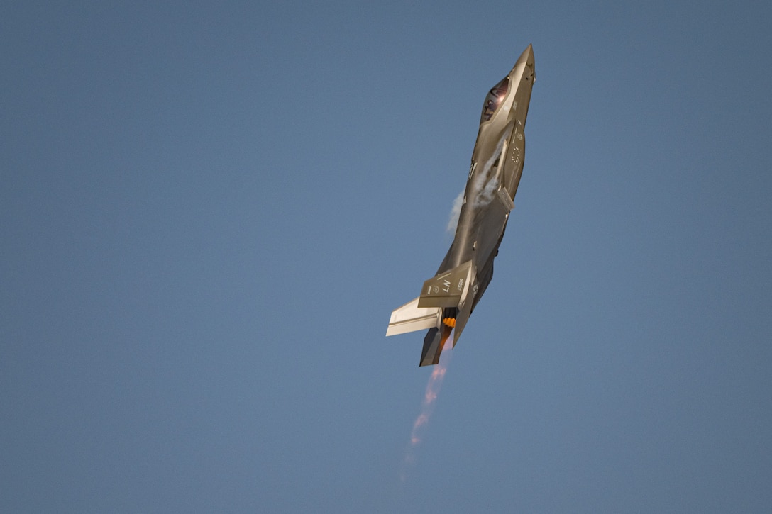 A U.S. Air Force F-35A Lightning II aircraft flown by the F-35 aerial demonstration team assigned to the 388th Fighter Wing at Hill Air Force Base, Utah, performs aerial maneuvers Nov. 15, 2025, over Al Maktoum International Airport in Dubai, United Arab Emirates. The fifth-generation stealth fighter rehearsed its performance prior to the Dubai Airshow 2025. (U.S. Air Force photo by Tech. Sgt. Justin Norton)